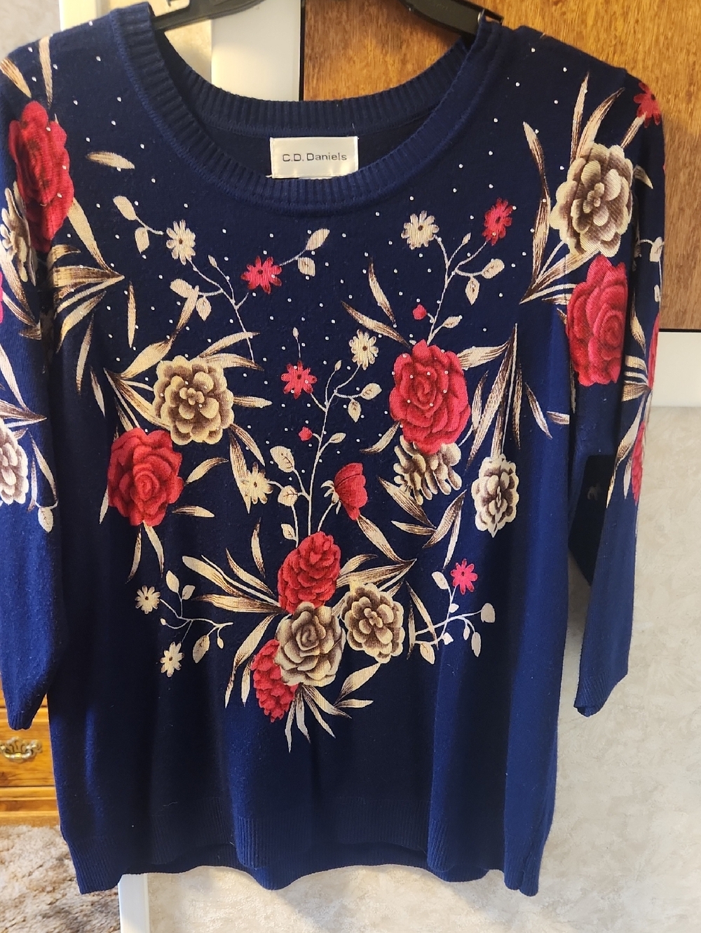 Women's Navy Floral 1X Acrylic Sweater 3/4 Sleeve List#42